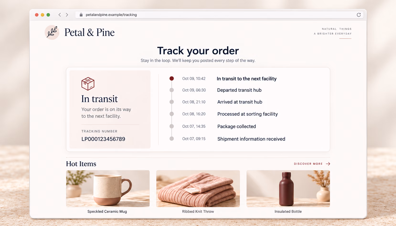 Conceptual Petal & Pine tracking page showing shipment status, tracking history, and selected store products.